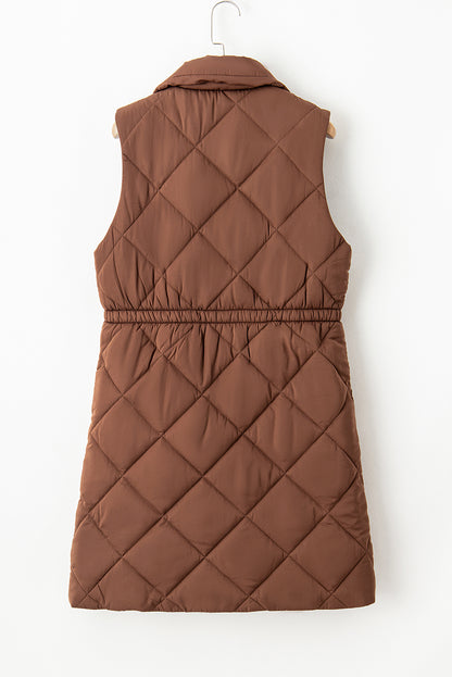 Coffee Puffer Quilted Stand Collar Pocketed Vest Coat