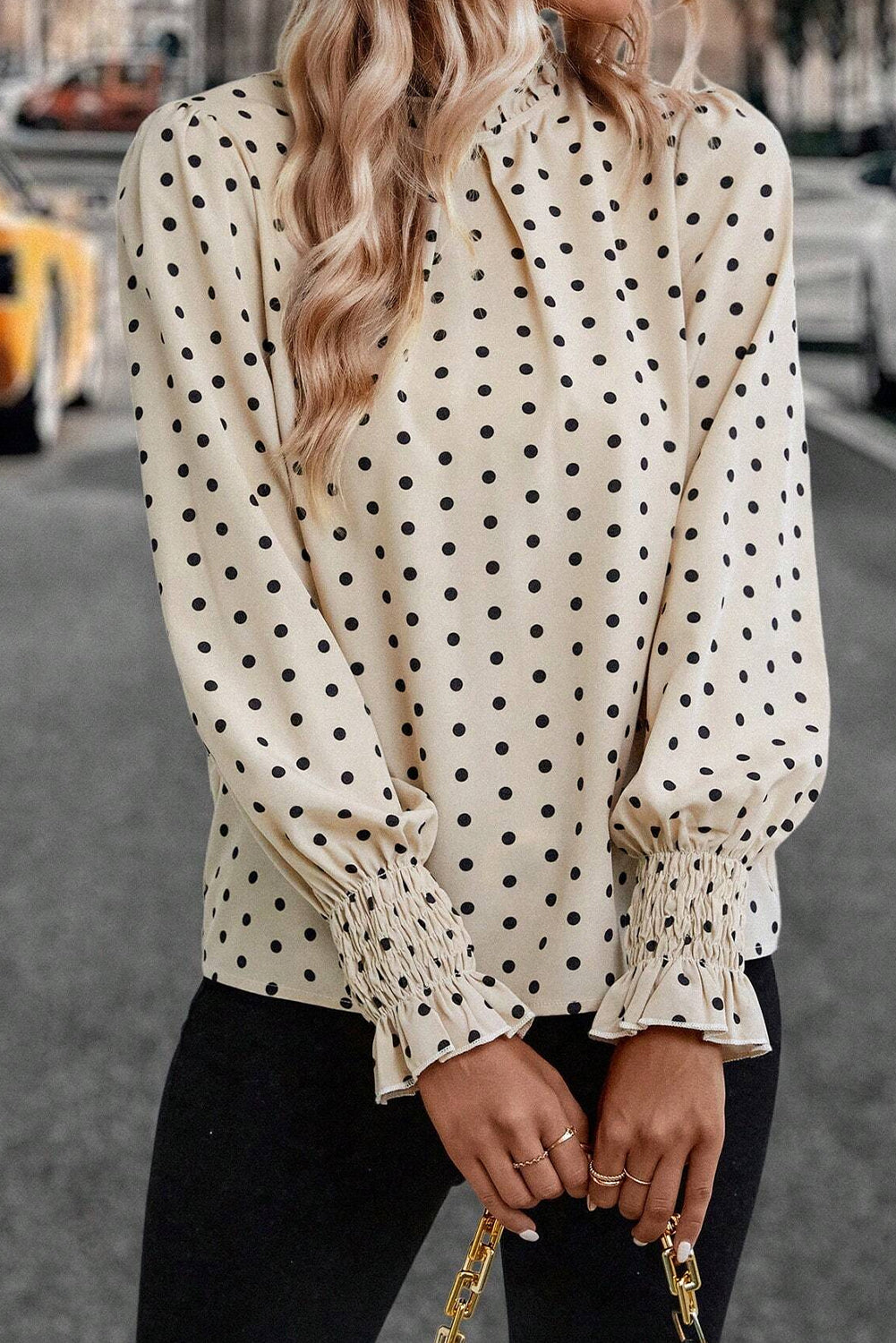 Apricot Polka Dot Print Frilled Collar Lantern Sleeve Blouse