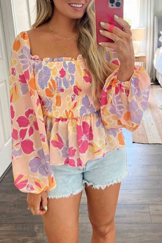 Floral Print Smocked Long Sleeve Peplum Blouse