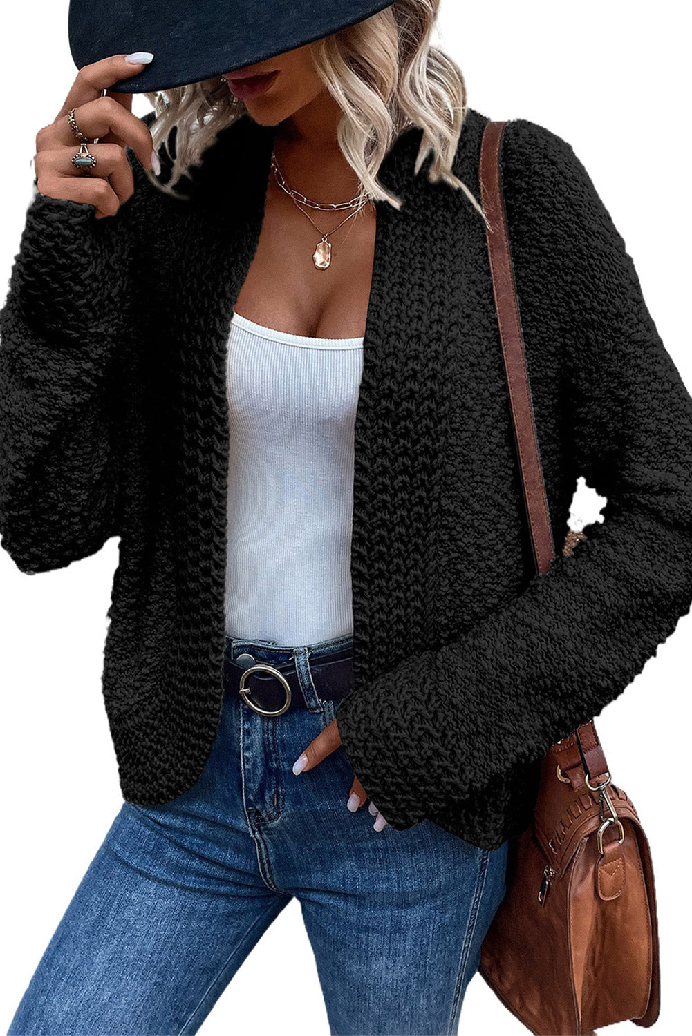 Black Popcorn Knit Open Front Cardigan