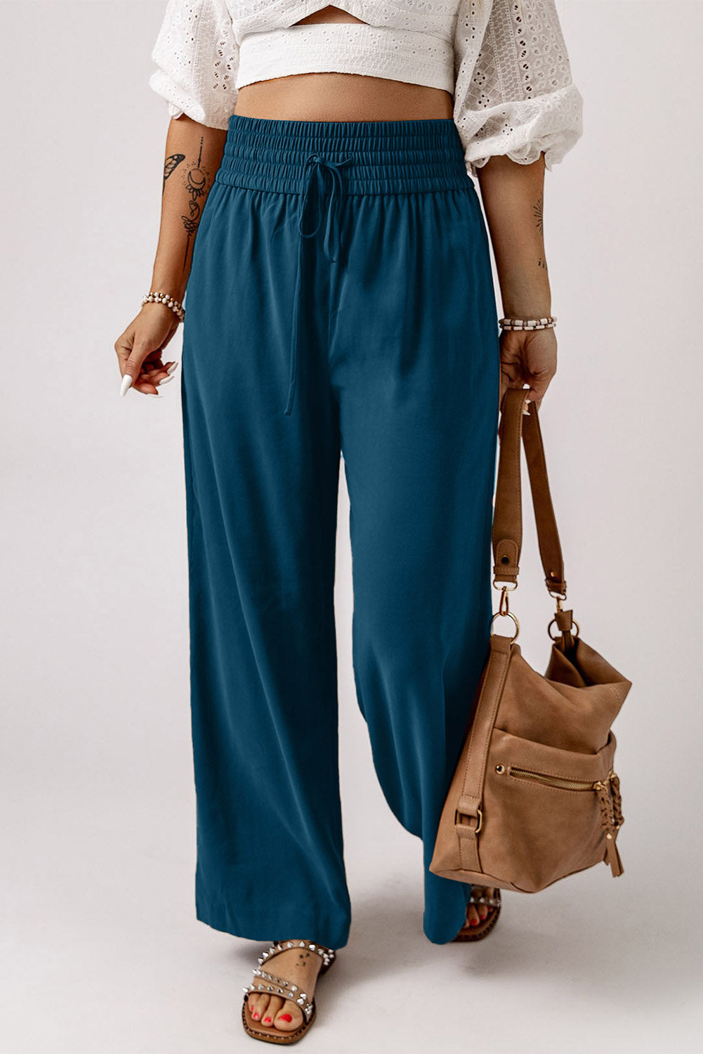 Casual Drawstring Shirred Elastic Waist Wide Leg Pants