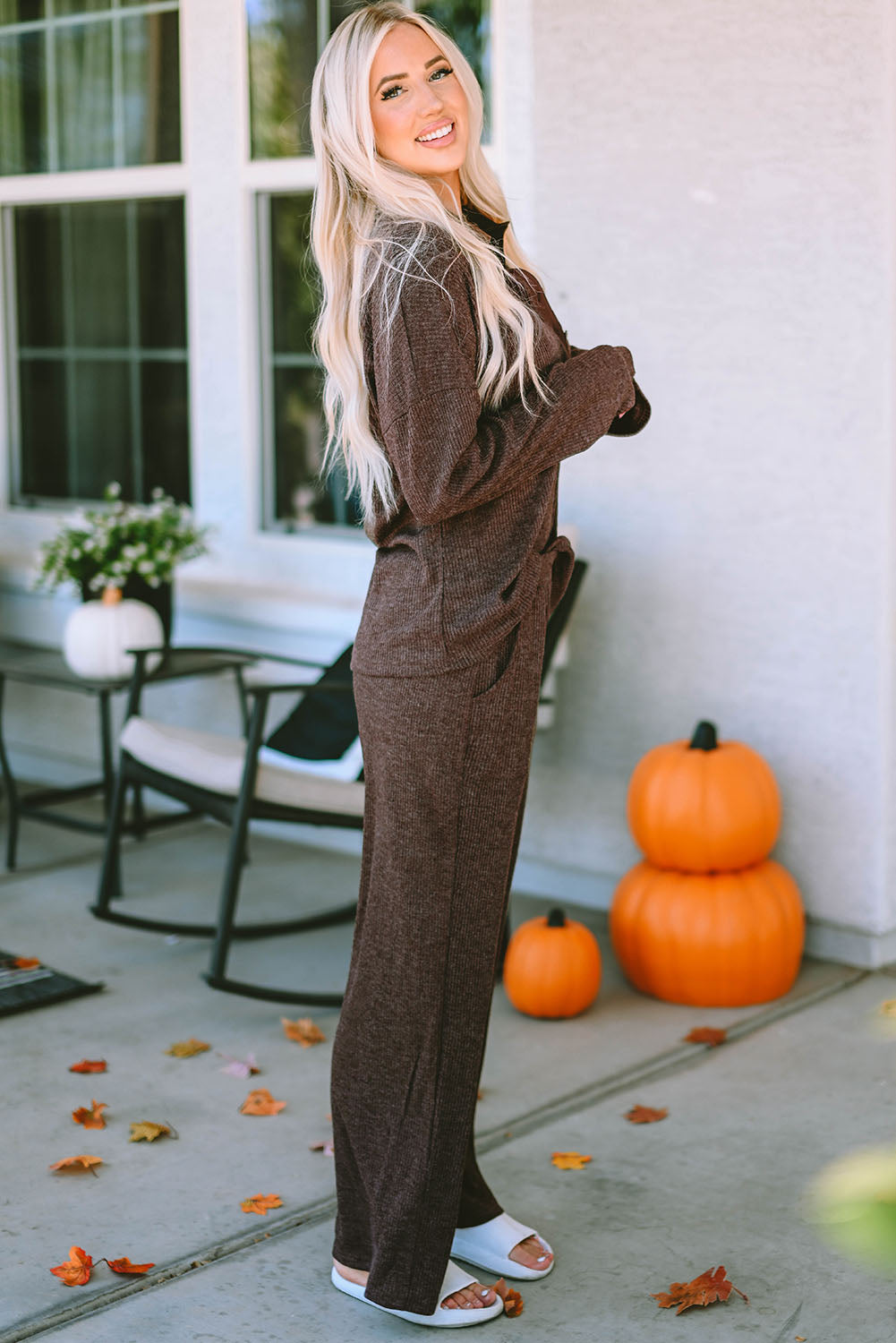 Ribbed Knit Collared Henley Top and Pants Lounge Outfit