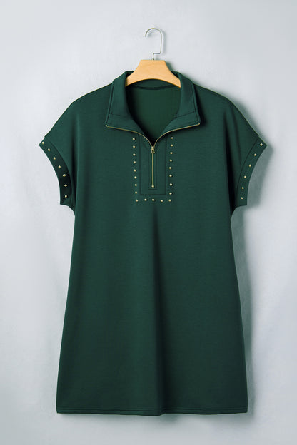 Evergreen Plus Size Glow Studded Zip up T Shirt Dress with Pockets