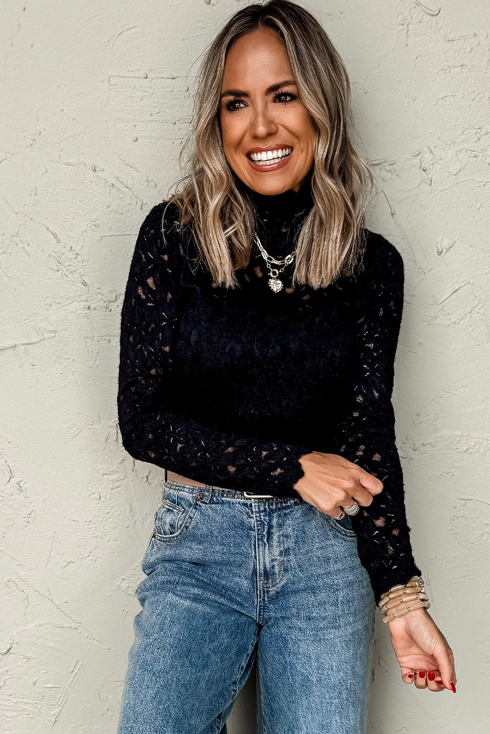 Black Flower Lace See Through Mock Neck Long Sleeve Top