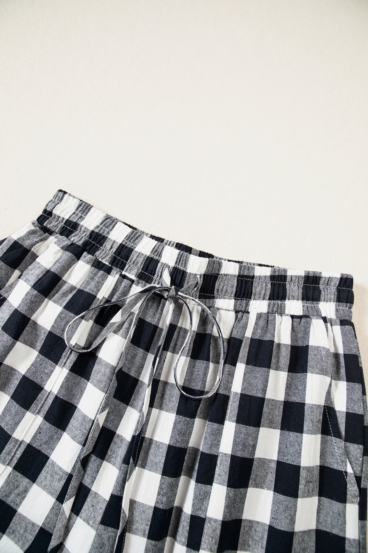 Brown Gingham Plaid Tie Elastic Waist Shift Pants