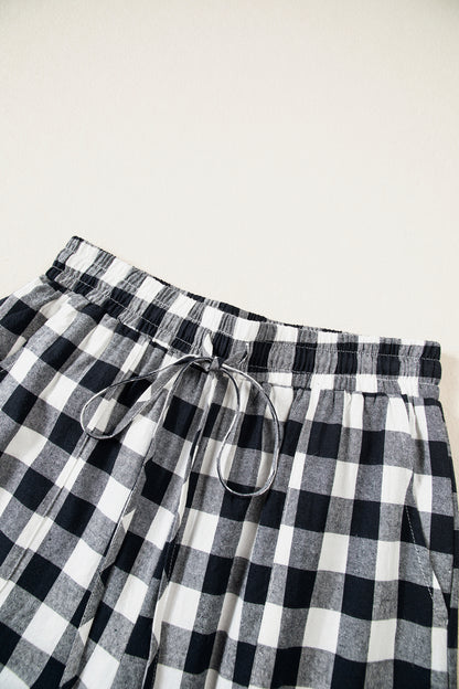 Brown Gingham Plaid Tie Elastic Waist Shift Pants