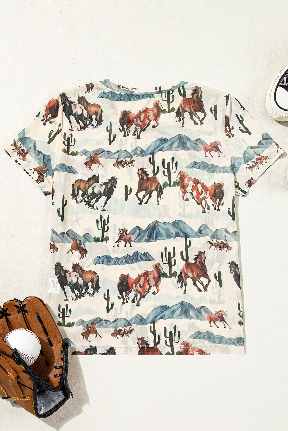 Beige Western Fashion Mustang River Printed Mesh T Shirt