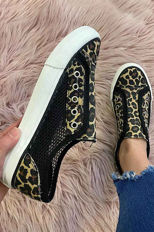 Leopard Mesh Patchwork Slip On Canvas Shoes