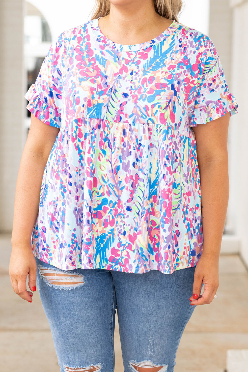 Multicolor Plus Size Floral Print Round Neck Long Sleeve Blouse