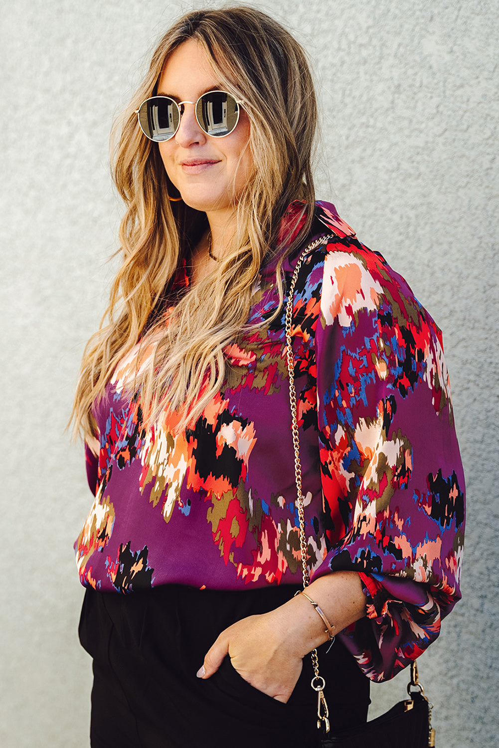 Plus Size Abstract Print V-Neck Long Sleeve Blouse