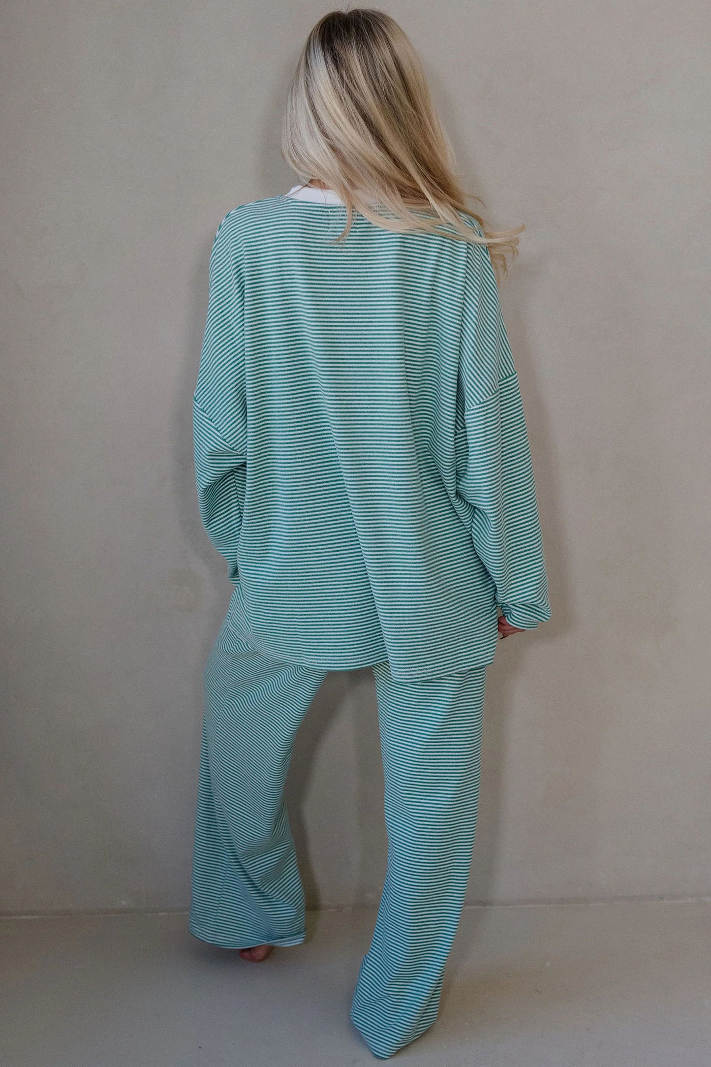 Pink Striped Drop Shoulder Long Sleeve Pant Set