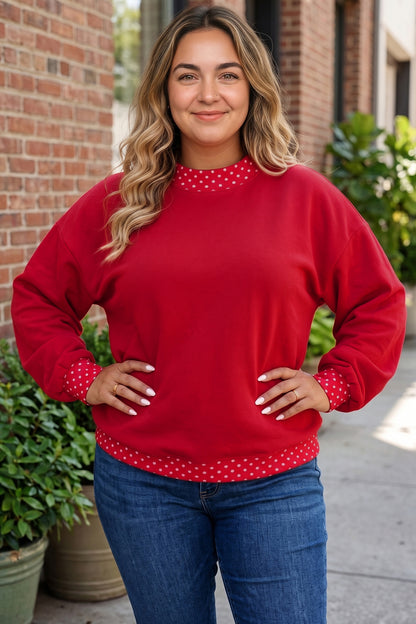 Dirty blue Polka Dot Patchwork Round Neck Plus Size Sweatshirt