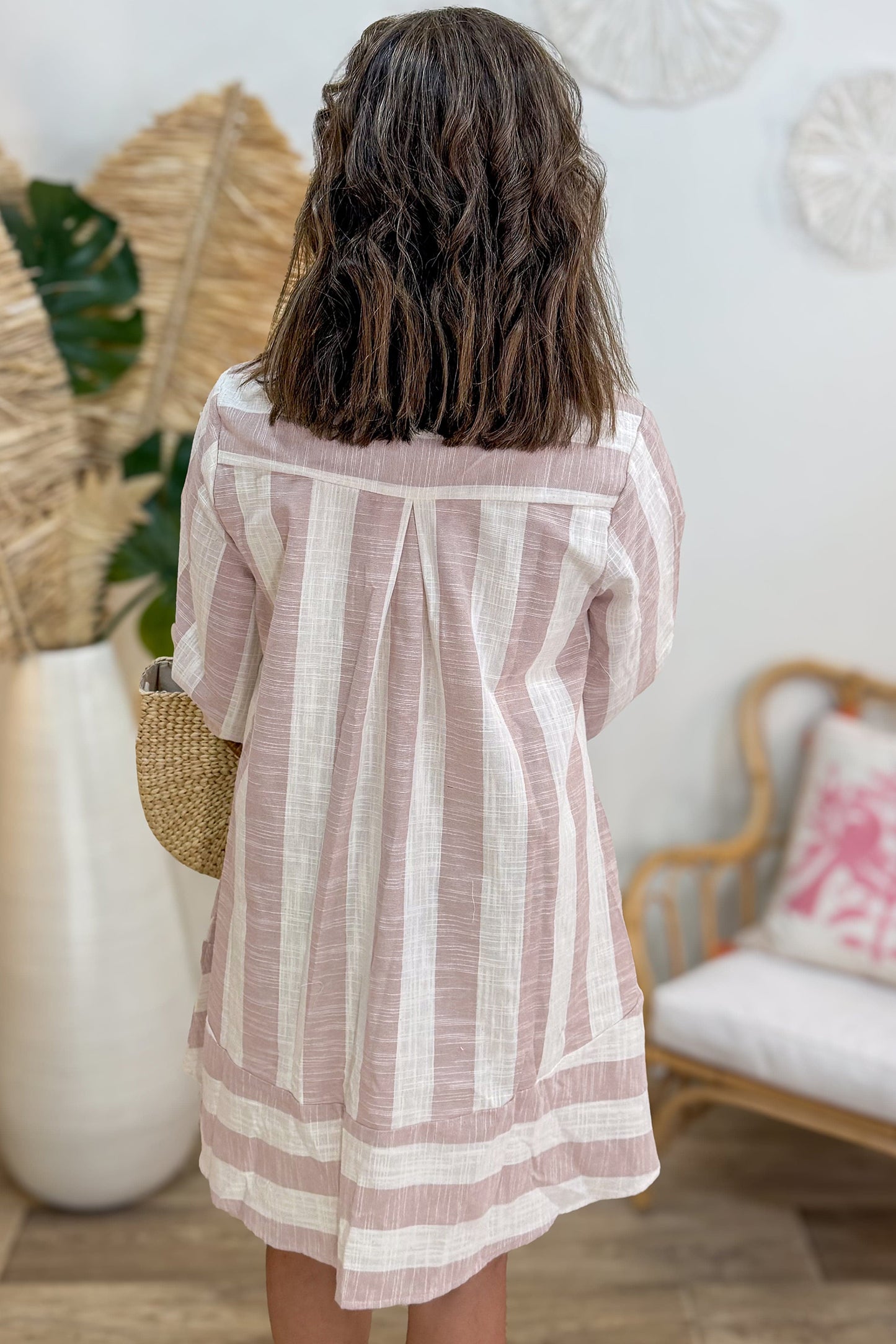 Khaki Stripe Striped Button-Up Three-Quarter Sleeve Short Shift Dress
