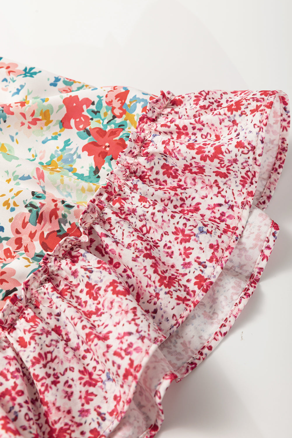 Pink Plus Size Floral Patchwork Ruffle Short Sleeve Blouse