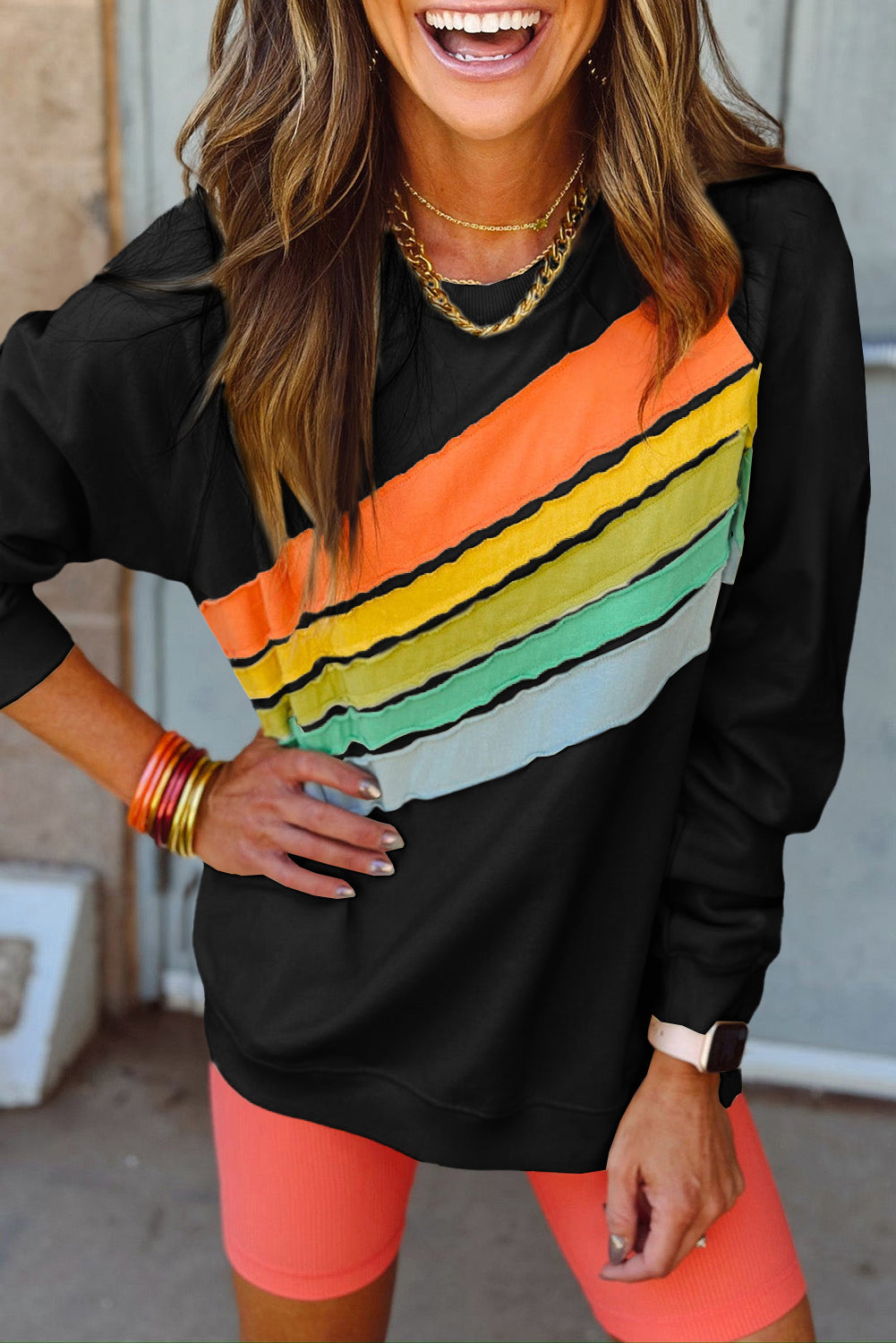 Black Rainbow Colorblock Striped Pullover Sweatshirt