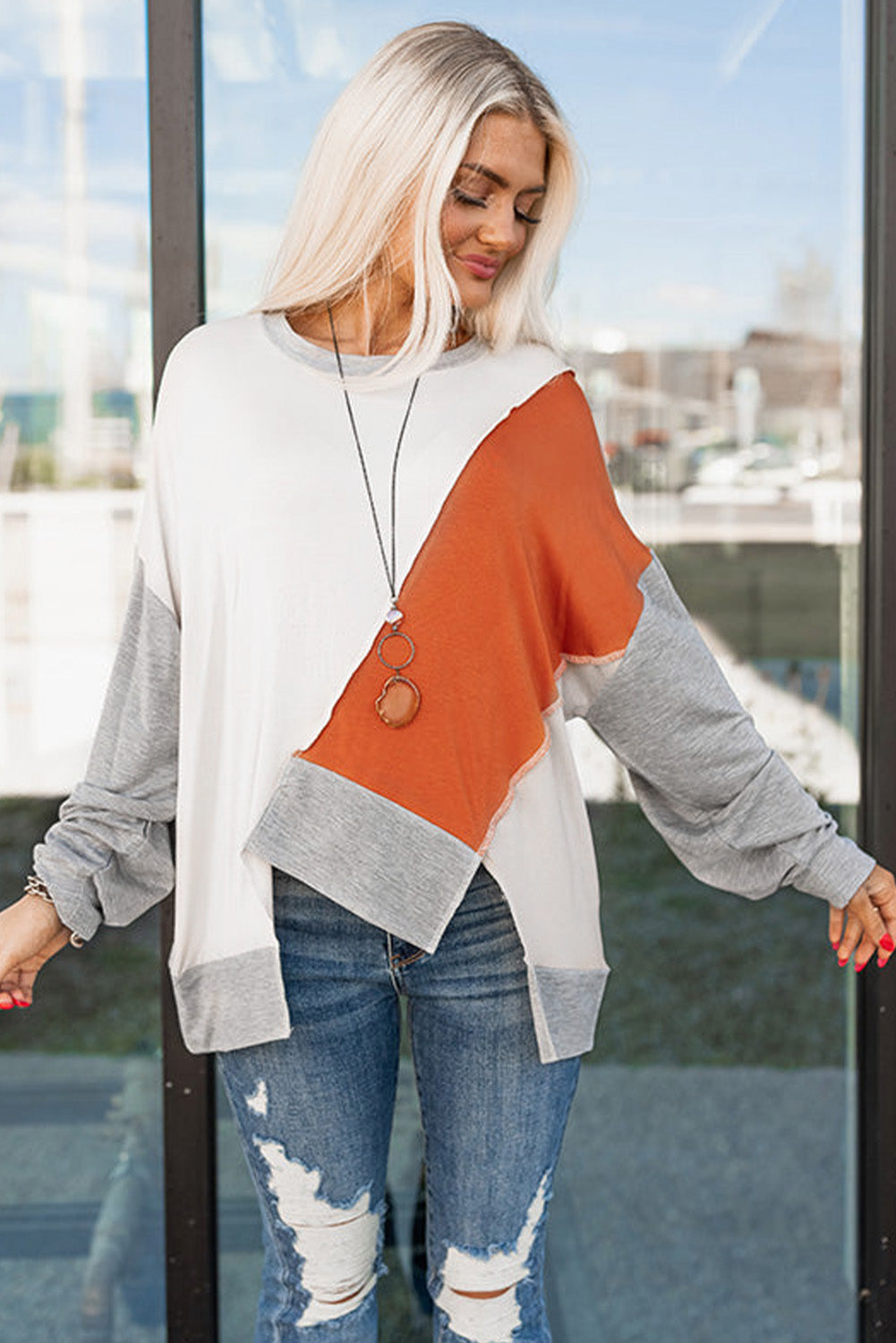 Flaxen Colorblock Stitching Irregular Hem Long Sleeve Top