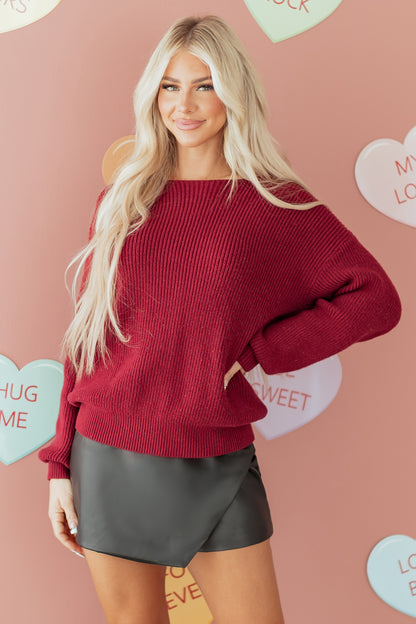 Red Dahlia Ribbed Knit Ribbon Knot Backless Drop Shoulder Sweater