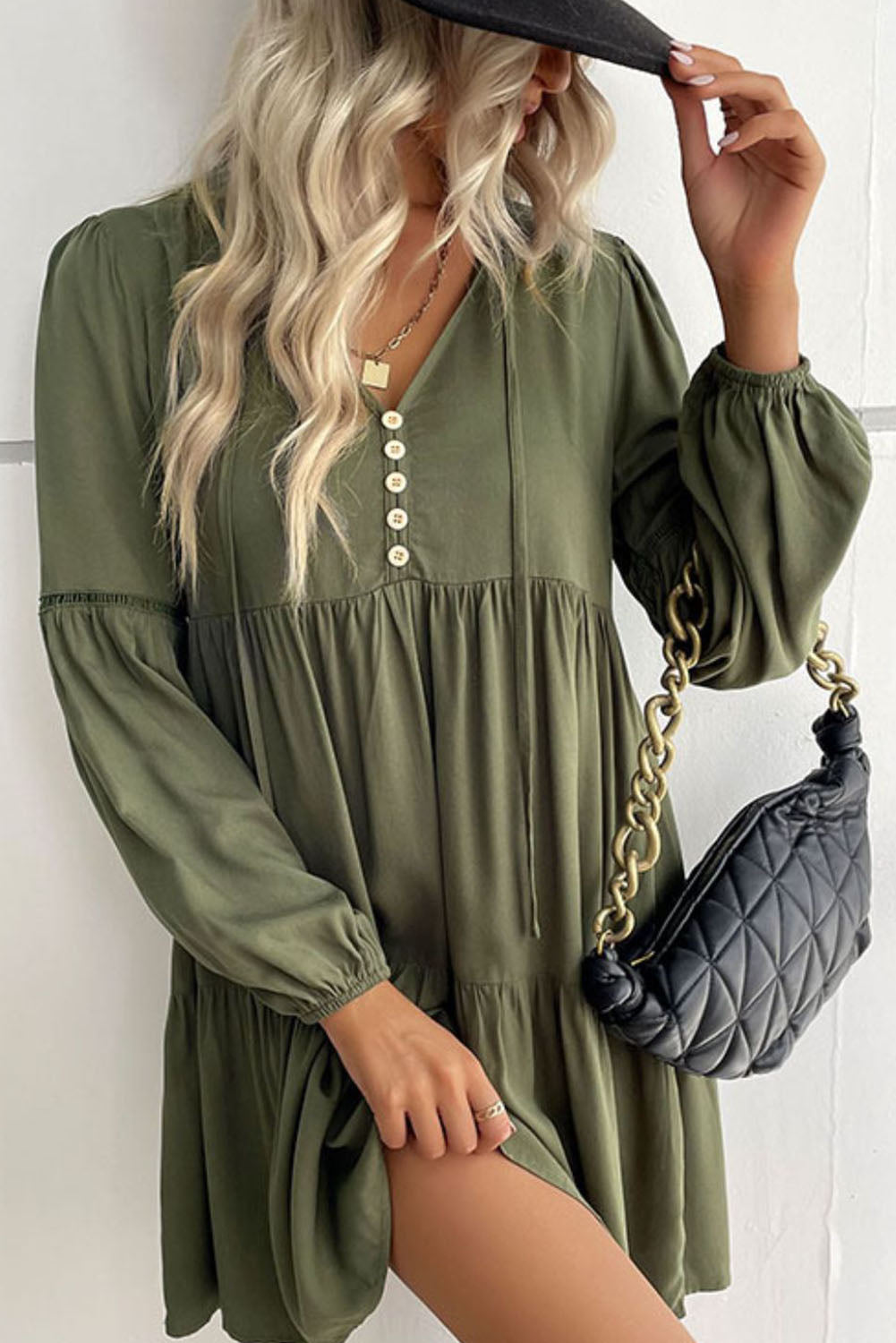 Green Lace Puff Sleeve Buttoned Tiered Ruffled Mini Dress