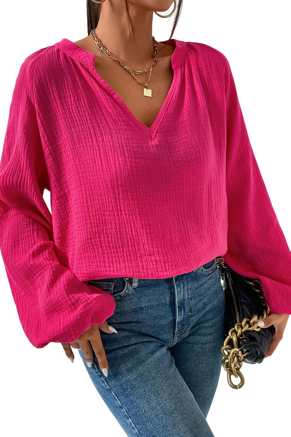 Crinkle Split Neck Puff Sleeve Blouse