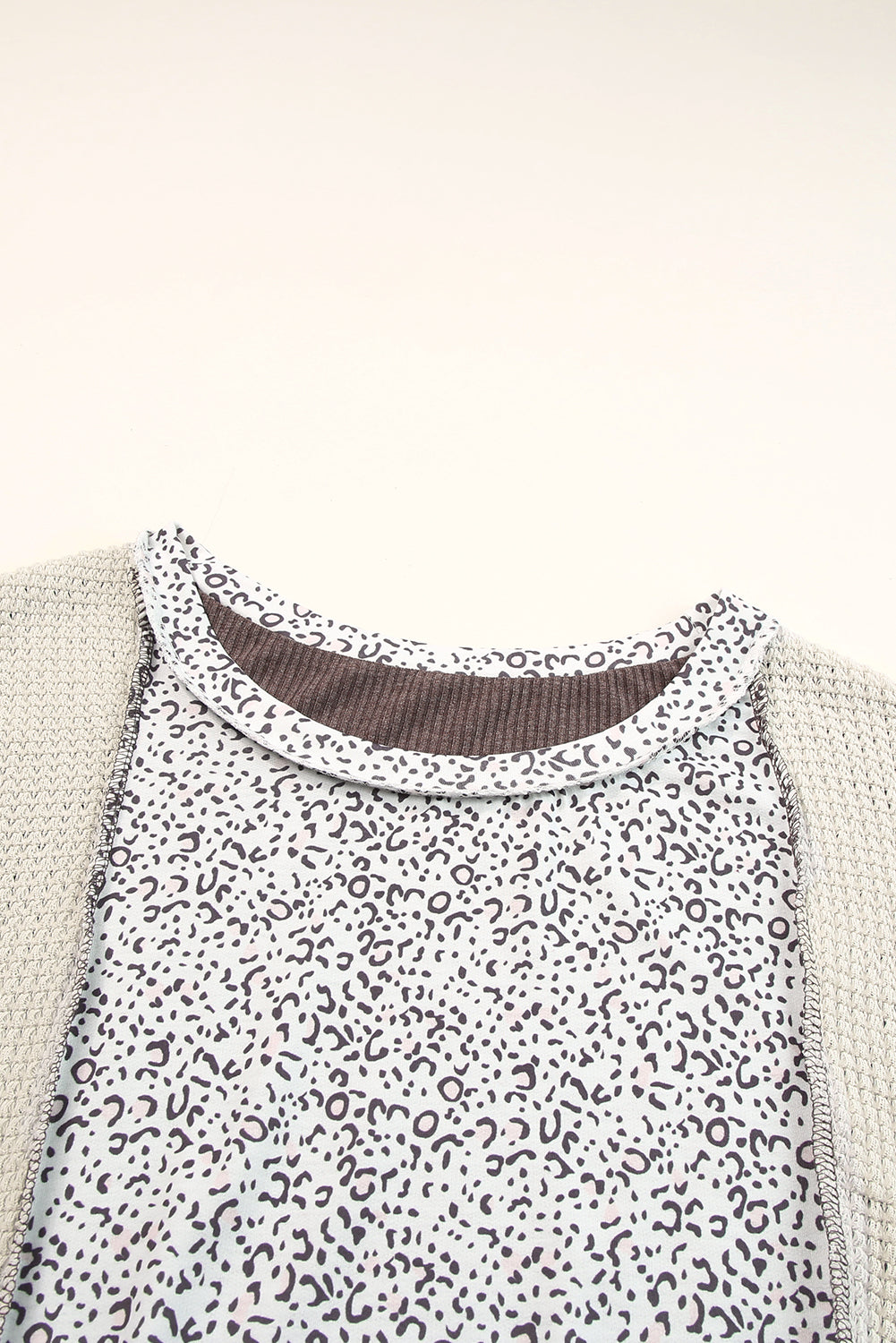 Brown Plus Size Leopard Waffle Ribbed Knit Patchwork Top