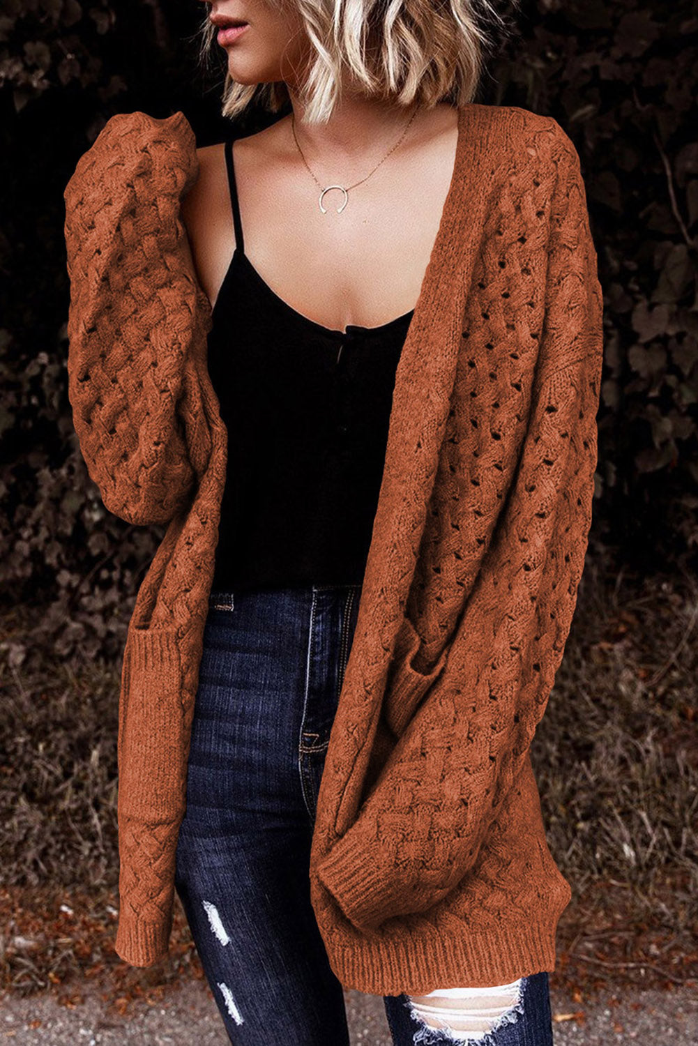 Chestnut Weave Knit Side Pockets Plus Size Cardigan