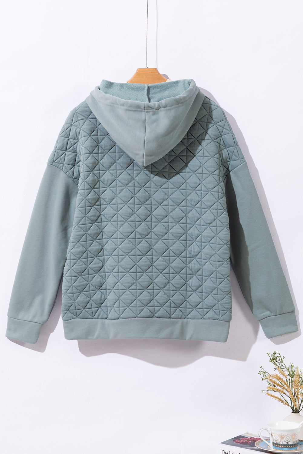 Blackish Green Plus Size Quarter Buttoned Pocketed Quilted Sweatshirt