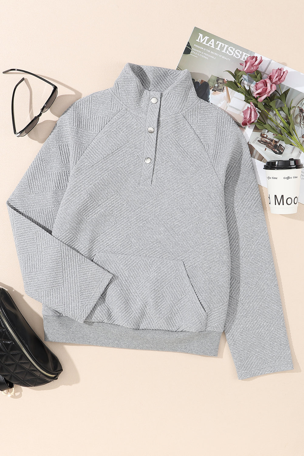 Light Grey Textured Snap Buttons Pullover Plus Size Sweatshirt