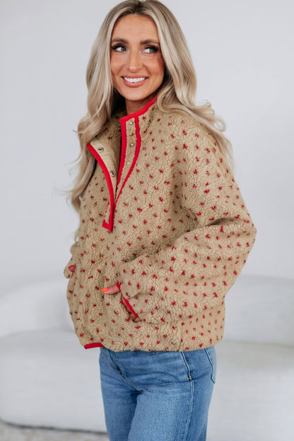 Khaki Heart Pattern Fleece Colorblock Collar Long Sleeve Sweatshirt