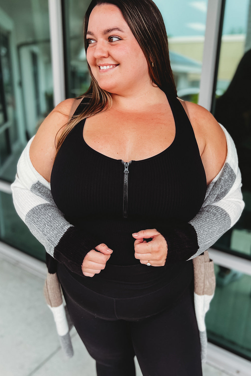 Black Plus Size Zipper Front Racerback Ribbed Tank Top