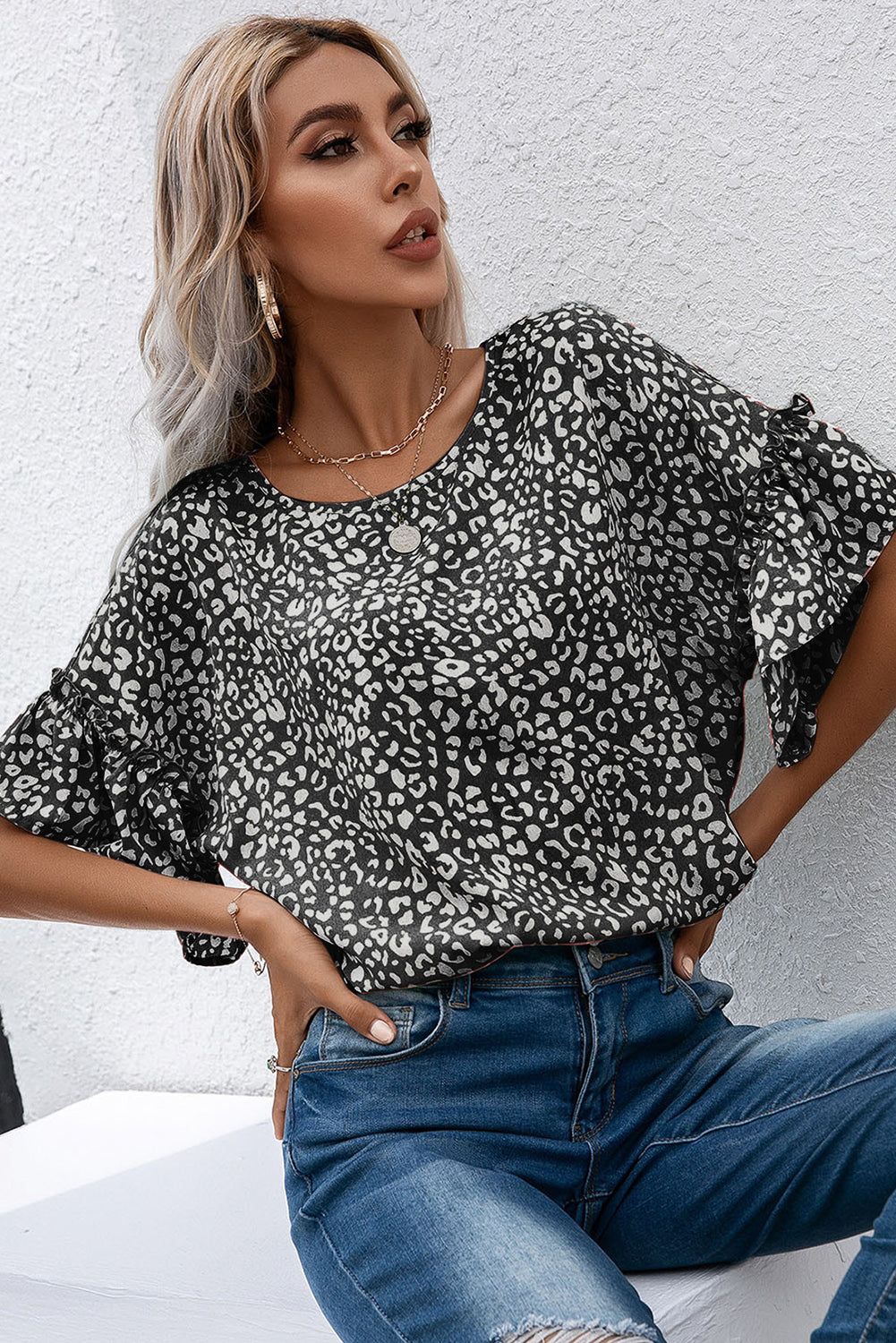 Leopard Spotted Ruffle Sleeve T-Shirt