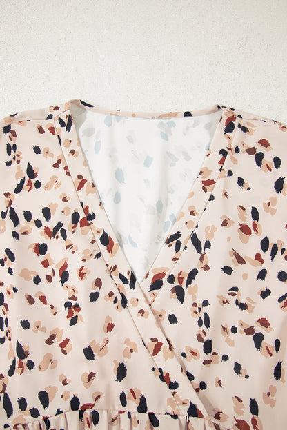 Beige Abstract Print Surplice V Neck Cuffed Sleeve Empire Waist Plus Size Dress