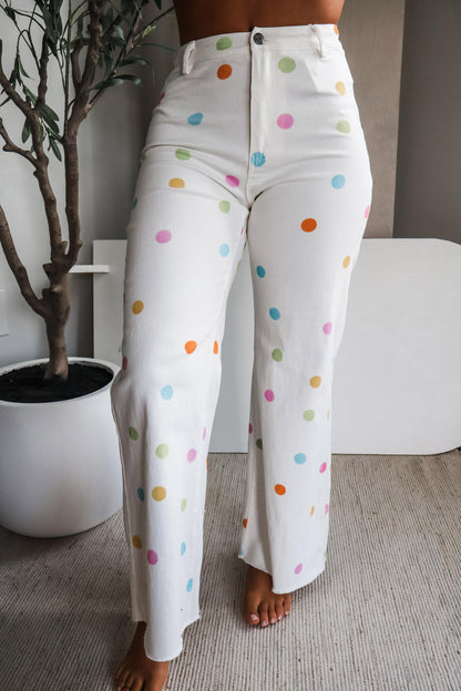 White High Waist Polka Dot Straight Leg Casual Jeans