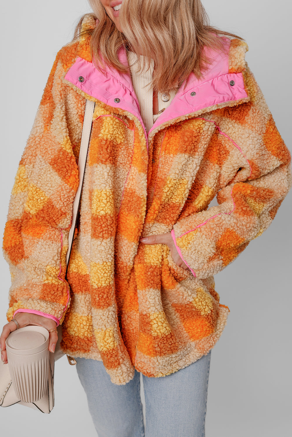 Orange Checkered Sherpa Hooded Jacket