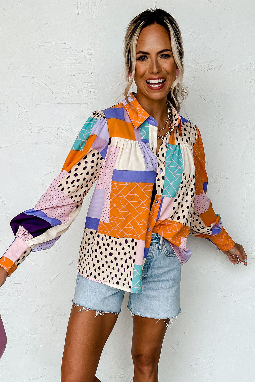 Multicolour Plus Size Mixed Print Buttoned Shirt