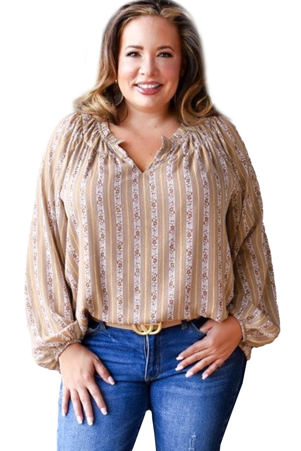 Plus Size Printed Split Neck Blouse