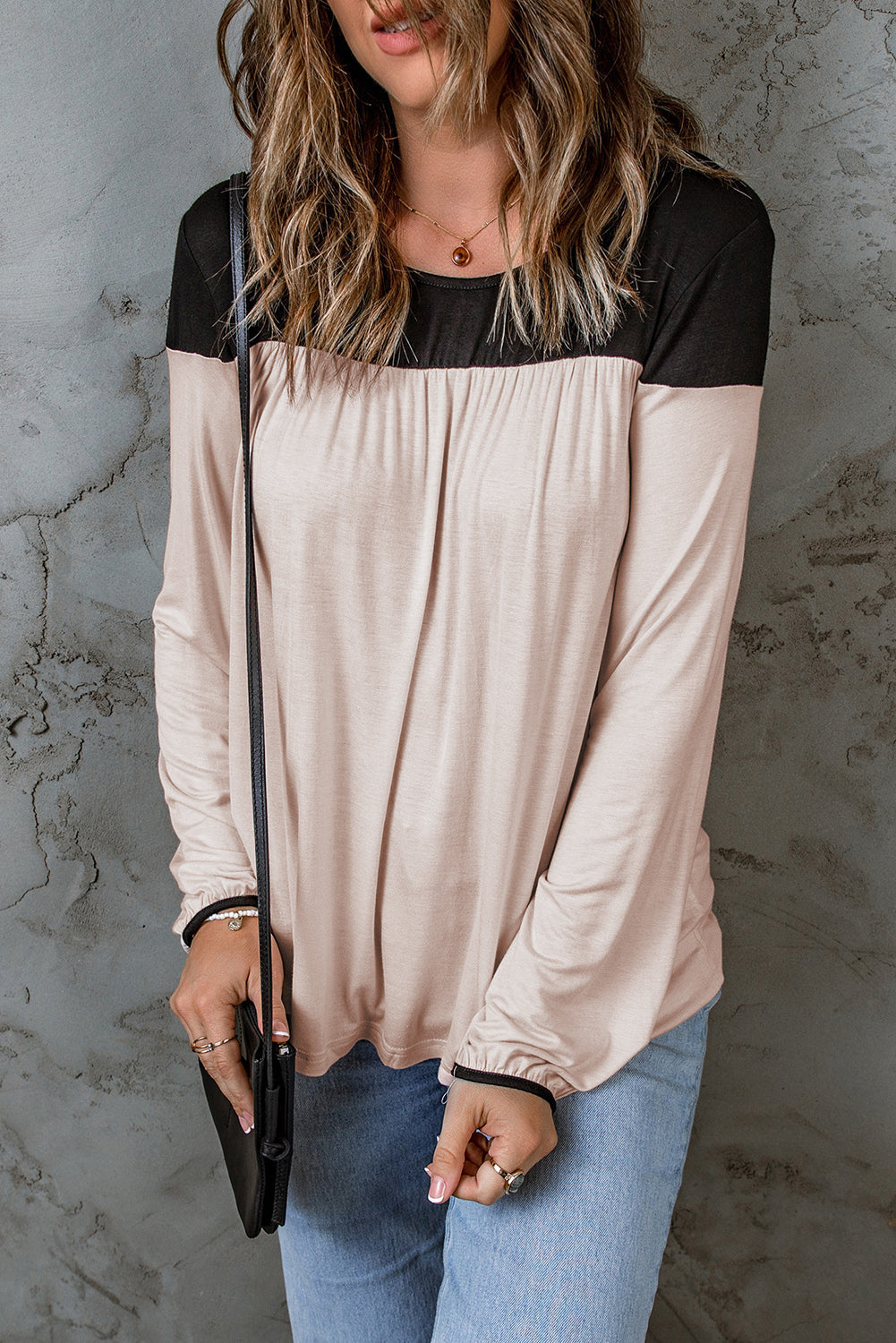 Round Neck Long Sleeve Color Block Tunic Top