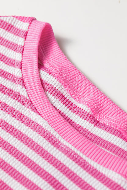 Pink Stripe Textured Knit Color Block Trim Split Hem Long Sleeve Top