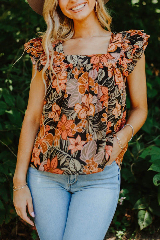 Floral Flutter Sleeves Square Neck Blouse