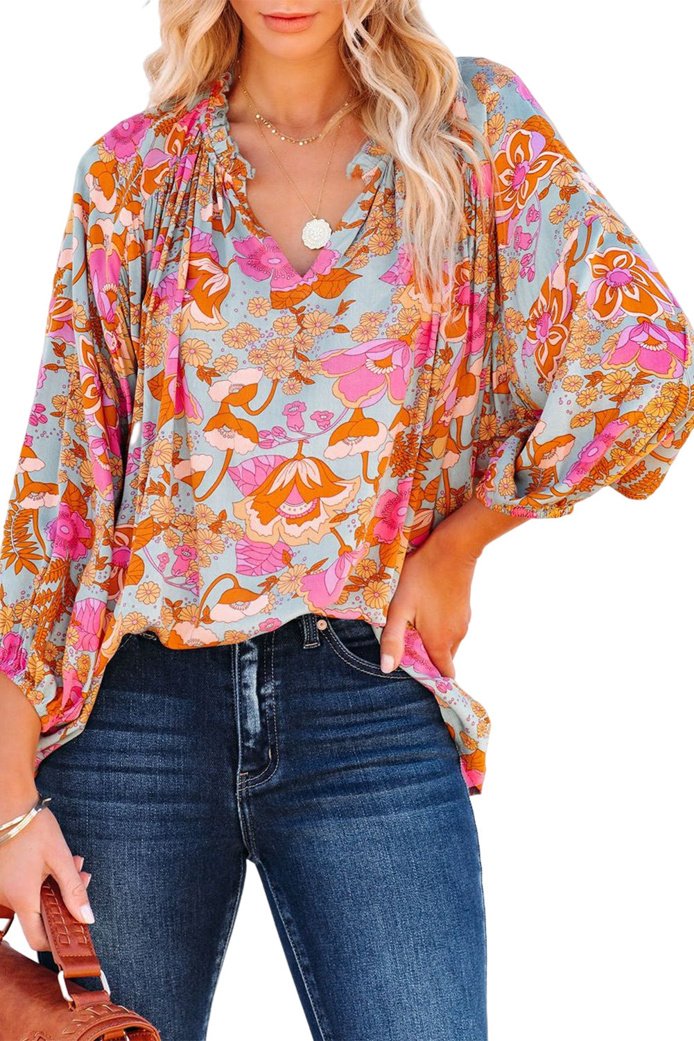 Blue Frilled Off Shoulder Floral Blouse