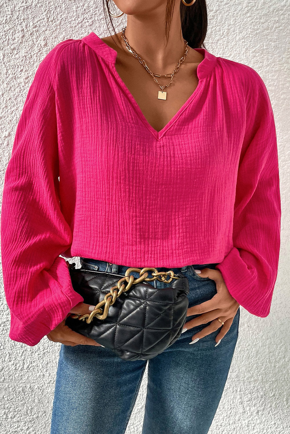 Crinkle Split Neck Puff Sleeve Blouse