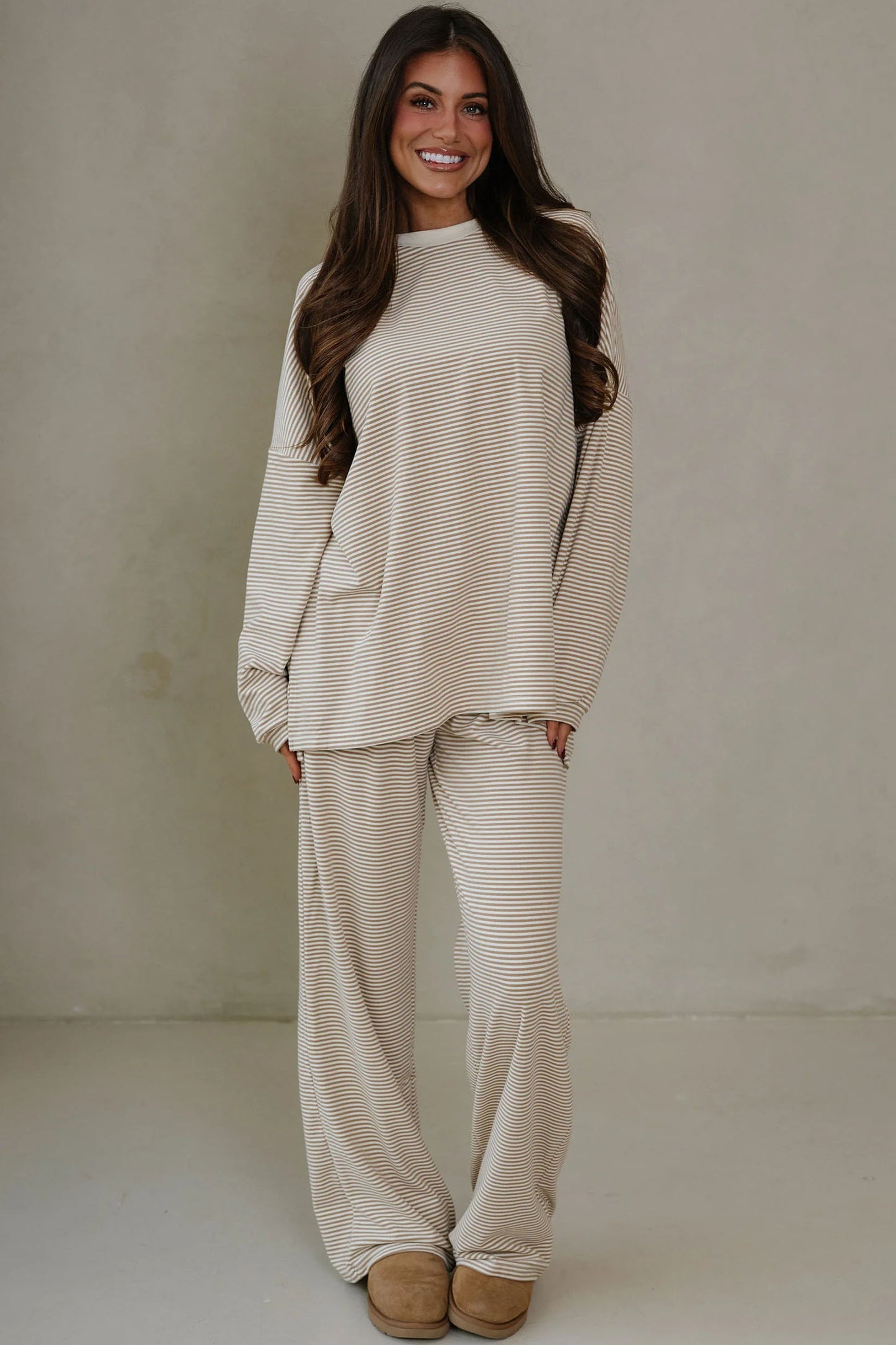 Pink Striped Drop Shoulder Long Sleeve Pant Set