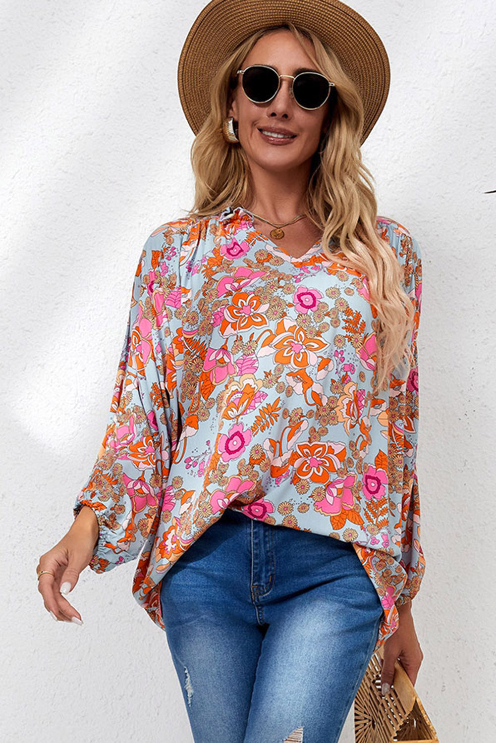 Blue Frilled Off Shoulder Floral Blouse