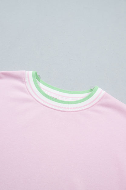 Bright Green Contrast Striped Trim Baggy Pullover Sweatshirt