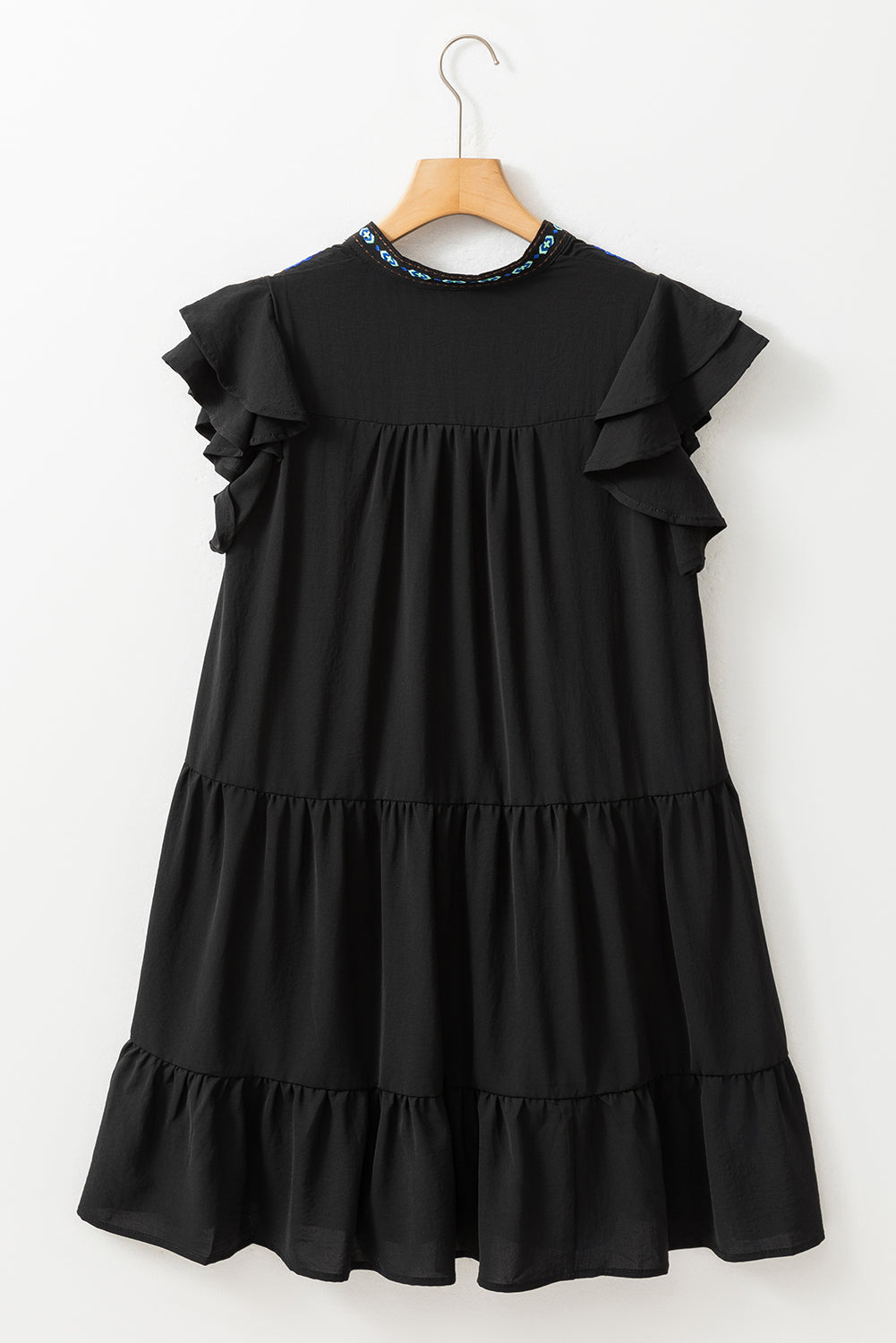 Black Floral Embroidered Tiered Ruffled Mini Dress