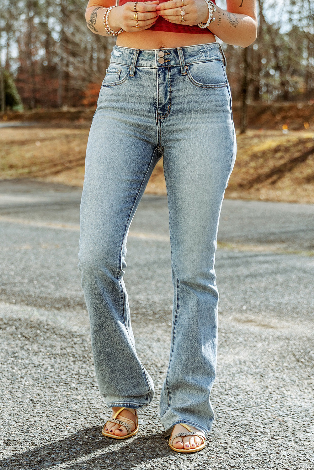 Subtle Ripped Detail Flare Bottom Jeans