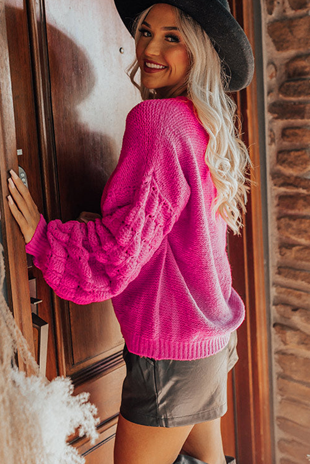 Hollowed Bubble Sleeve Knit Sweater