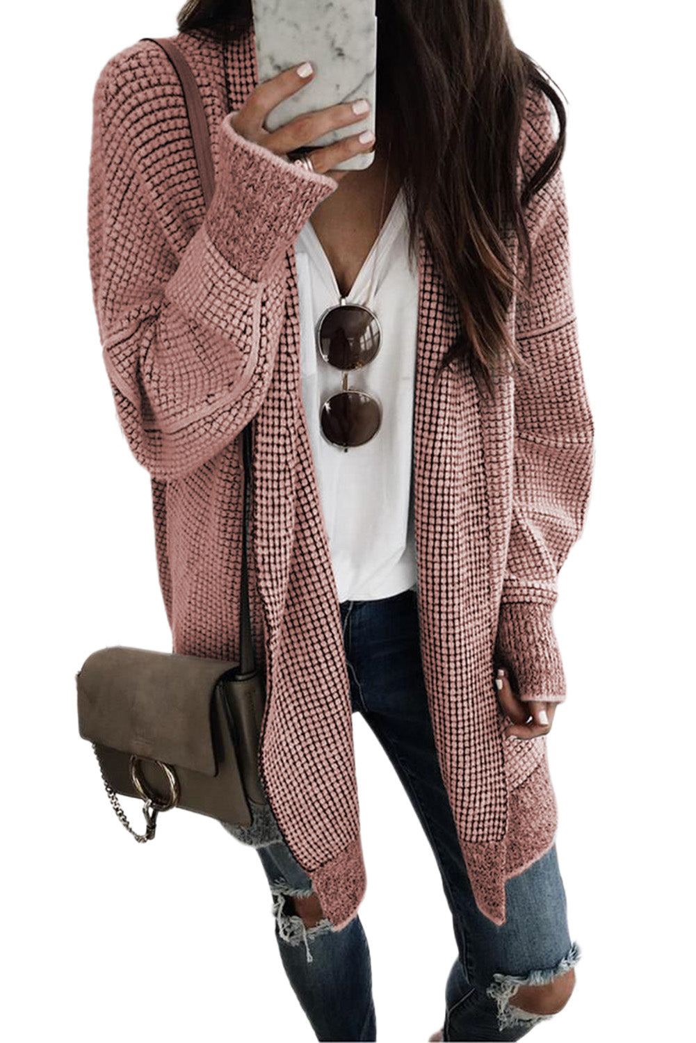 Black Plaid Knitted Long Open Front Cardigan