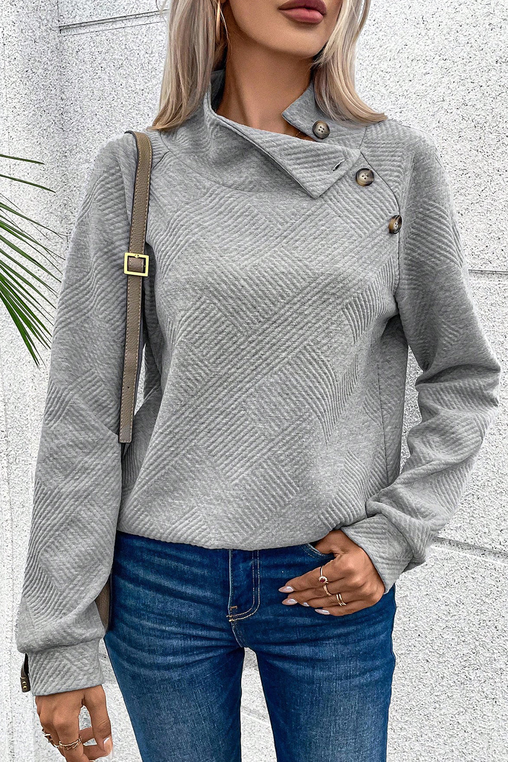 Light Grey Textured Snap Buttons Pullover Plus Size Sweatshirt