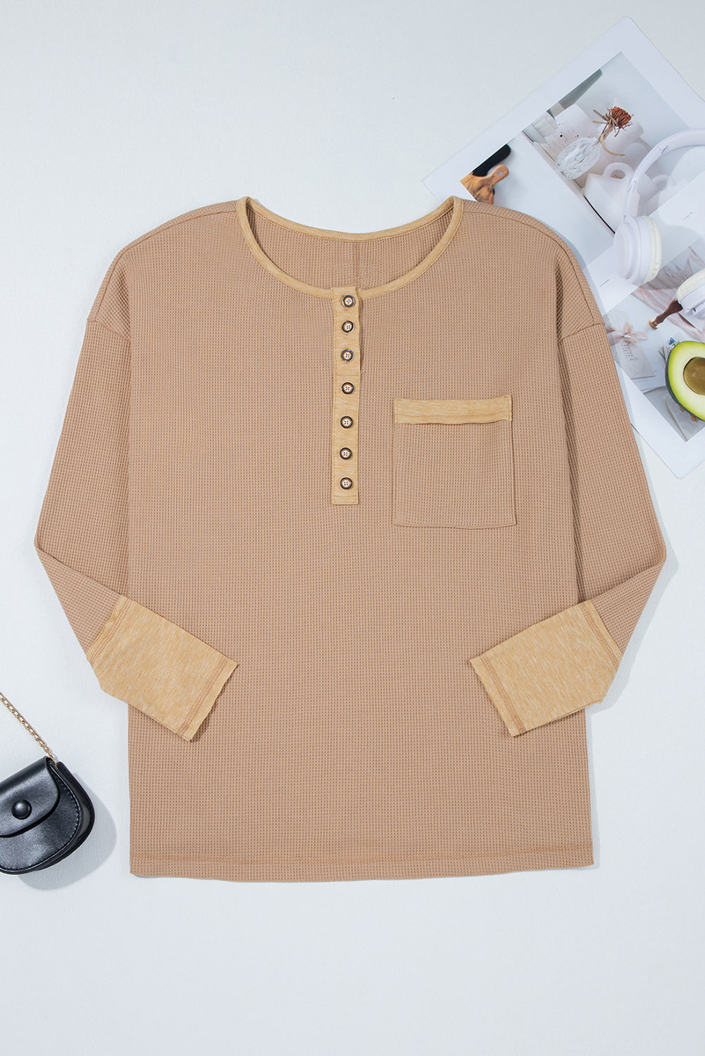 Vineyard Green Waffle Textured Patchwork Tunic Henley Top
