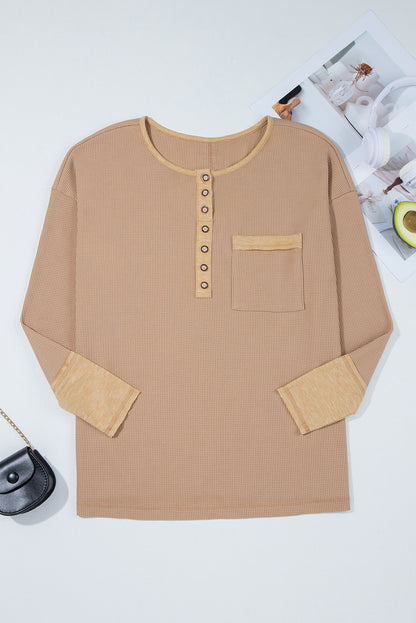 Vineyard Green Waffle Textured Patchwork Tunic Henley Top